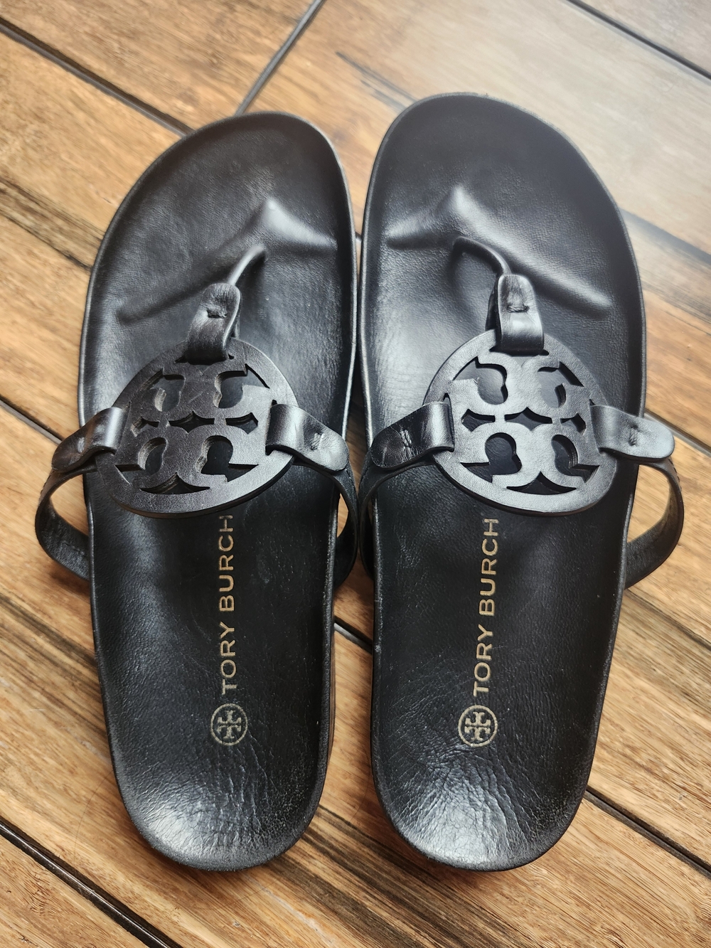 Tory Burch Black Leather Logo Thong Sandals